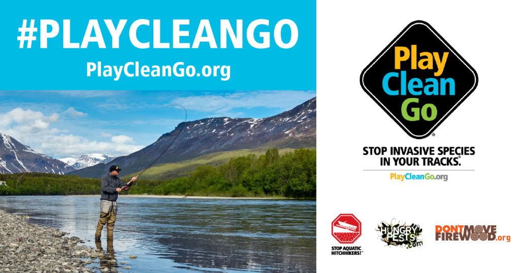 Man fishing in the river. Blue header with #PlayCleanGo and PlayCleanGo.org at top.