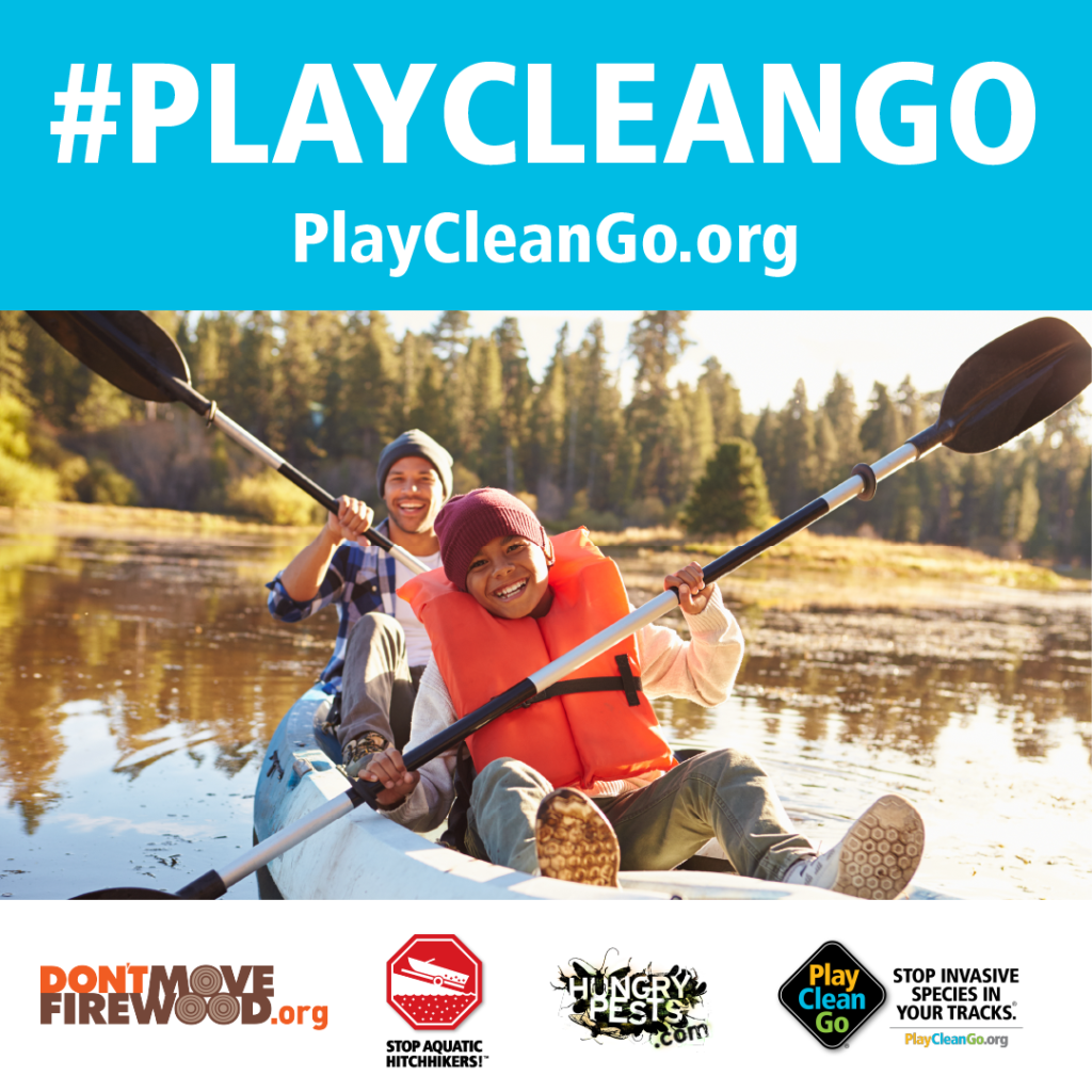 Man and child kayaking on sunny lake. Blue header with #PlayCleanGo and PlayCleanGo.org at top.