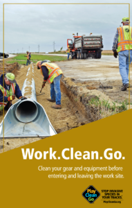 pipeline workers with "Work. Clean. Go" text over gold background