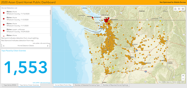 screenshot of a dashboard of the Washington coastline, reporting 1,553 reports displayed