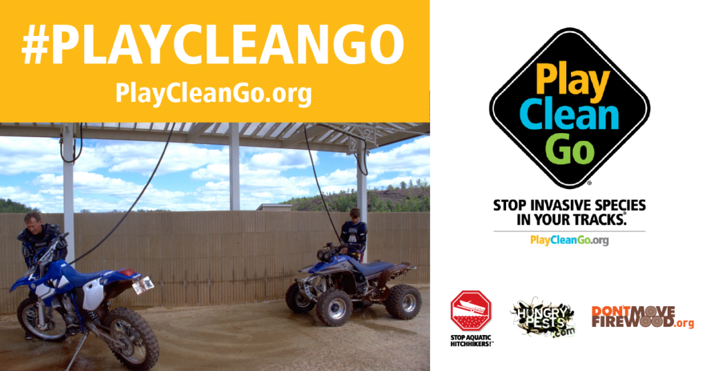 Two men cleaning off-road vehicles. Orange header with #PlayCleanGo and PlayCleanGo.org. 
