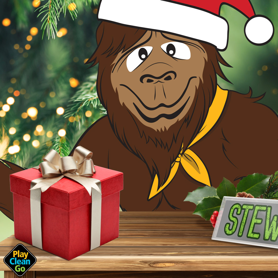 Steward in a Santa hat with a wrapped gift