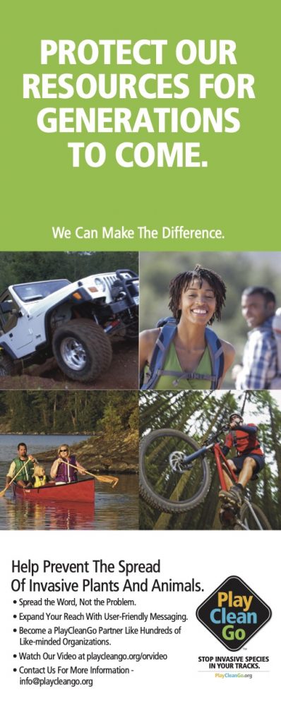 rack card with green box in top third that says, "Protect our resources for generations to come." A four-square compilation in the middle third depicts different outdoor recreation activities.