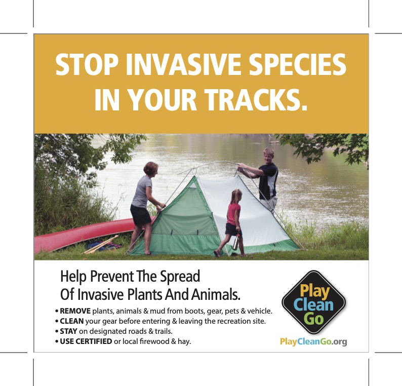 family setting up a tent with "Stop Invasive Species in Your Tracks" message on yellow-orange color