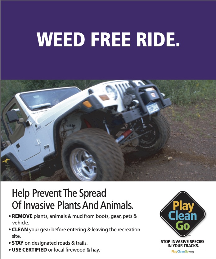 white jeep with "Weed Free Ride" message on purple banner