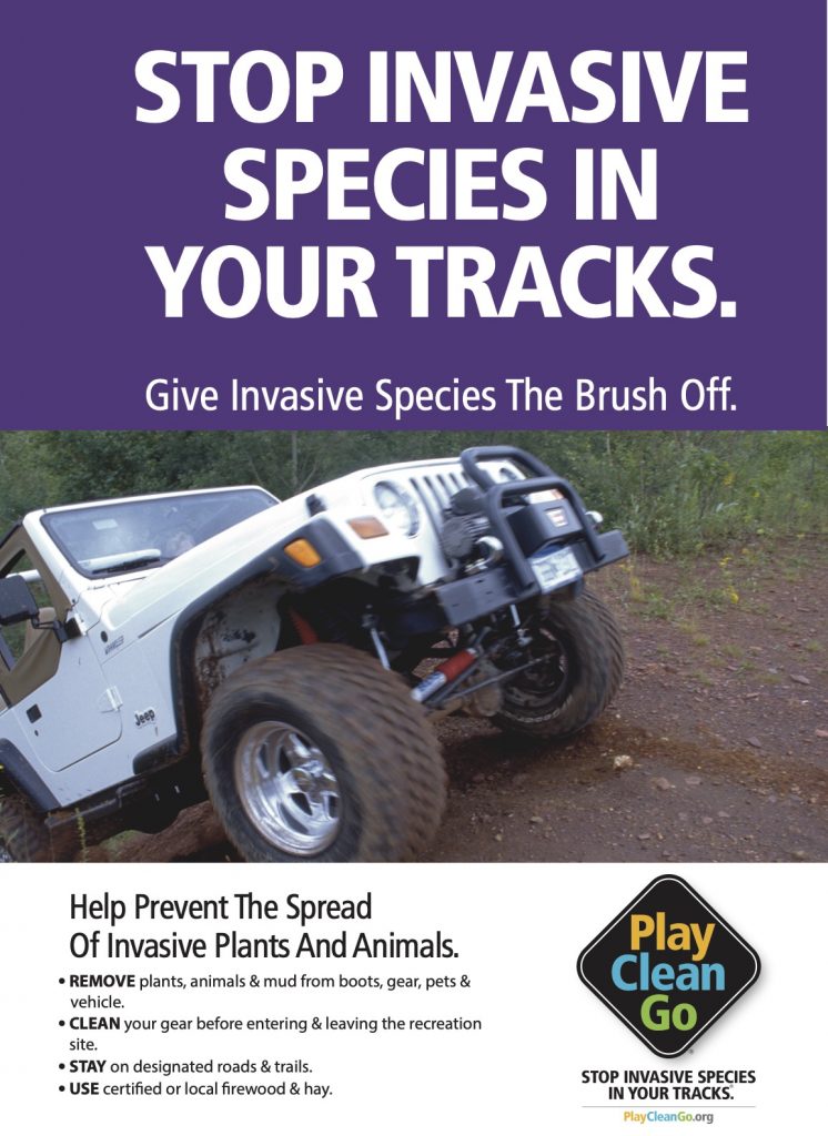 white OHV with "Stop Invasive Species in Your Tracks" message on purple banner