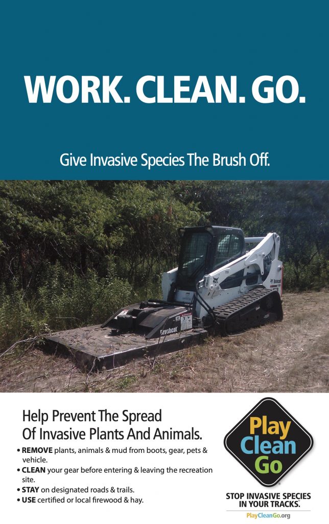 brush cutter with "Work. Clean. Go." message on blue banner