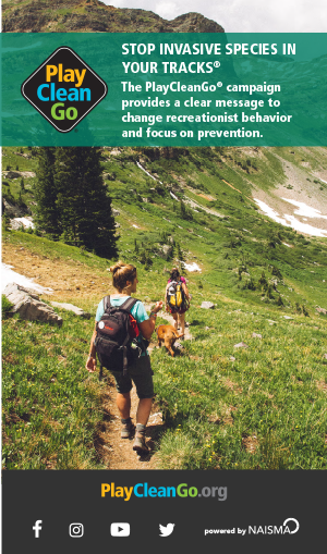 vertical banner depicting two women and a dog hiking with "Stop Invasive Species in Your Tracks" trademark messaging
