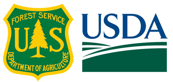 logos of the U.S. Forest Service shield and USDA logo with two green hills