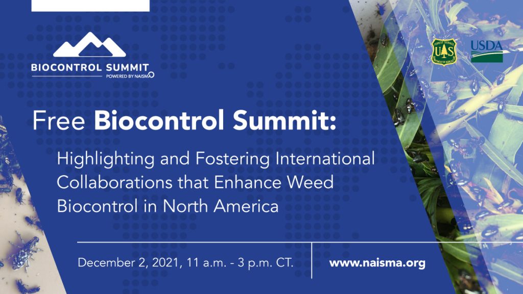 Graphic advertising NAISMA biocontrol summit, featuring a mountain-inspired logotype, dark blue background and white text highlighting "free biocontrol summit," with accent photos of biocontrol insects in action